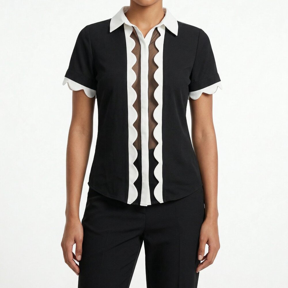 Anne Fontaine Black White Scalloped Mesh Sheer Center Blouse 38 US 6